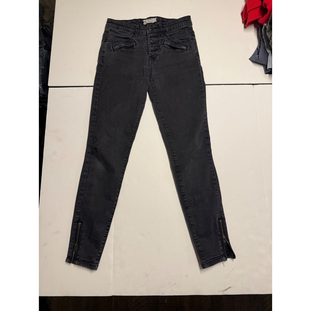 Free People Womens Moto Skinny Jeans Washed Black Button Fly Ankle Zip W26